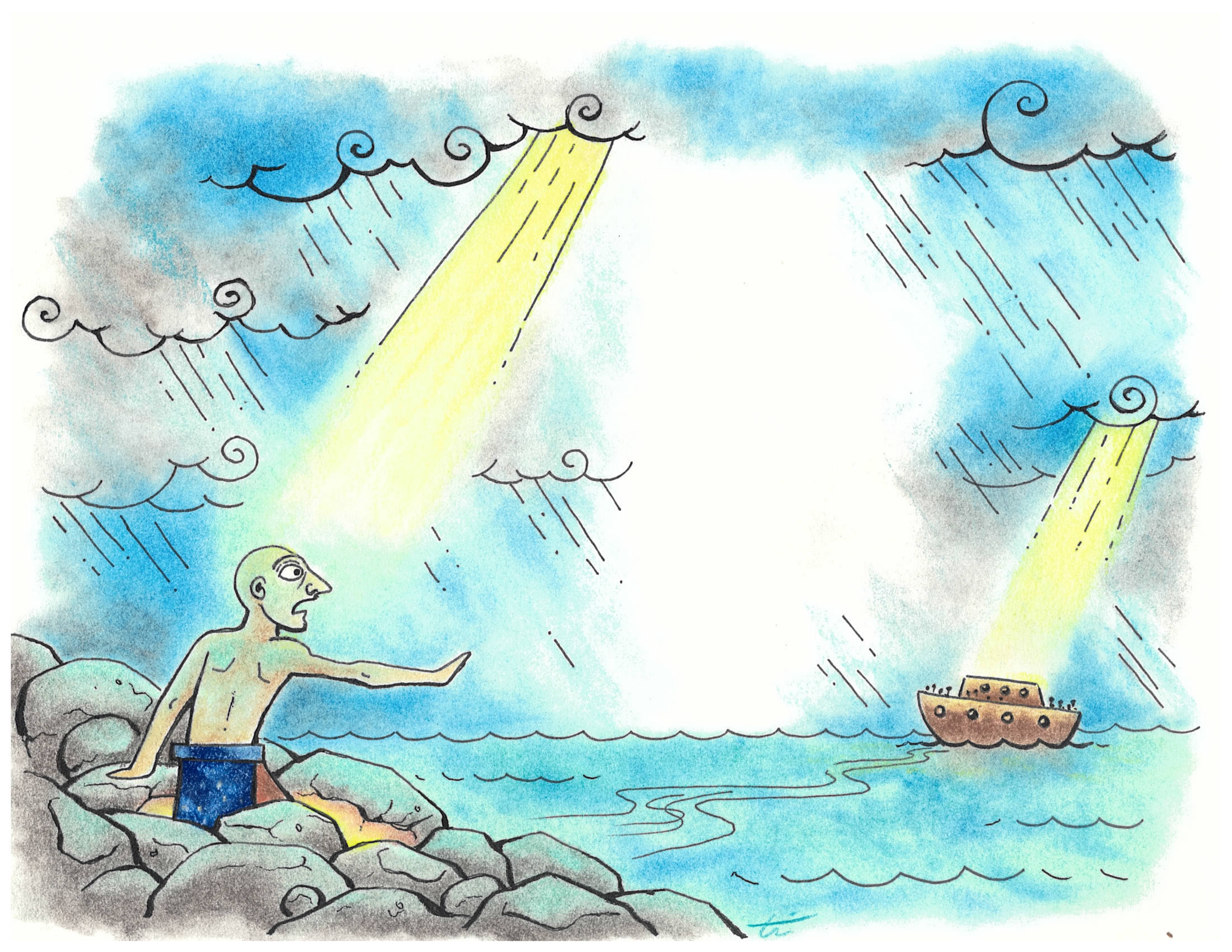 A man losing family — figure separated from loved ones, pastel and ink illustration for Improbable