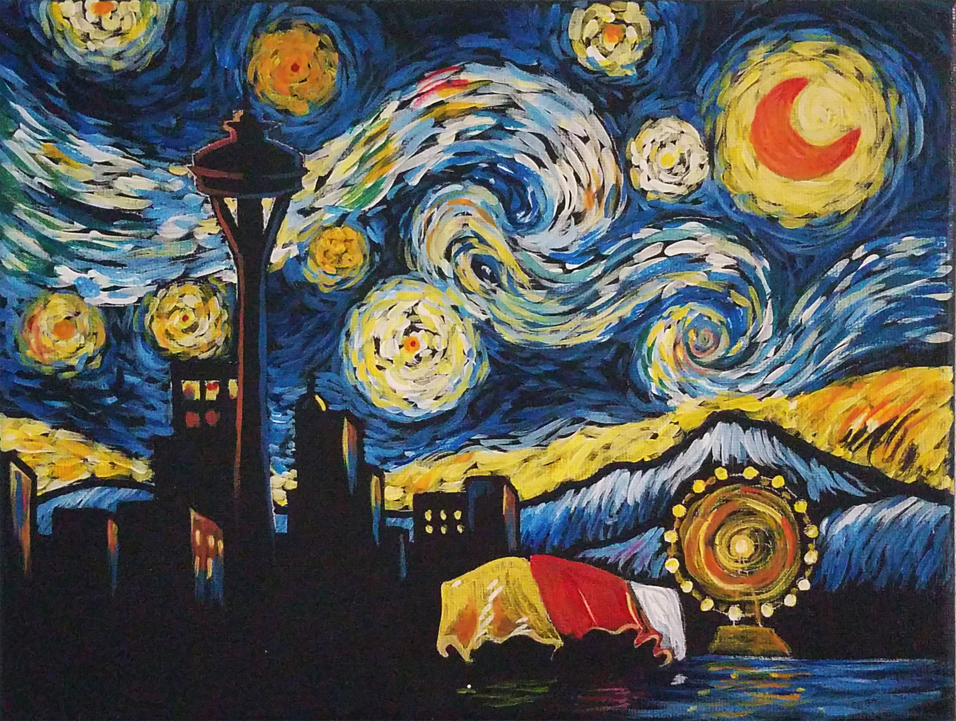 Seattle skyline rendered in Van Gogh's swirling starry night style