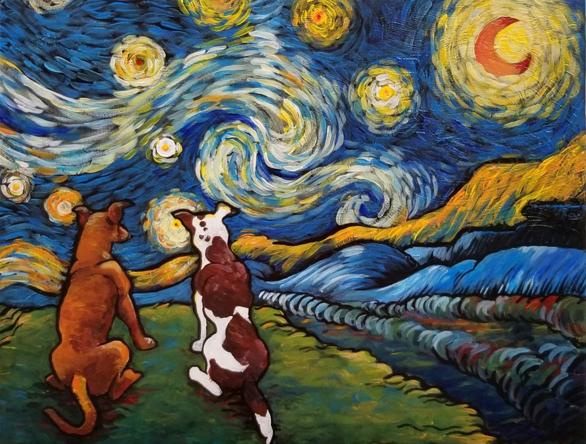 Two dogs under swirling starry night sky in impressionist style