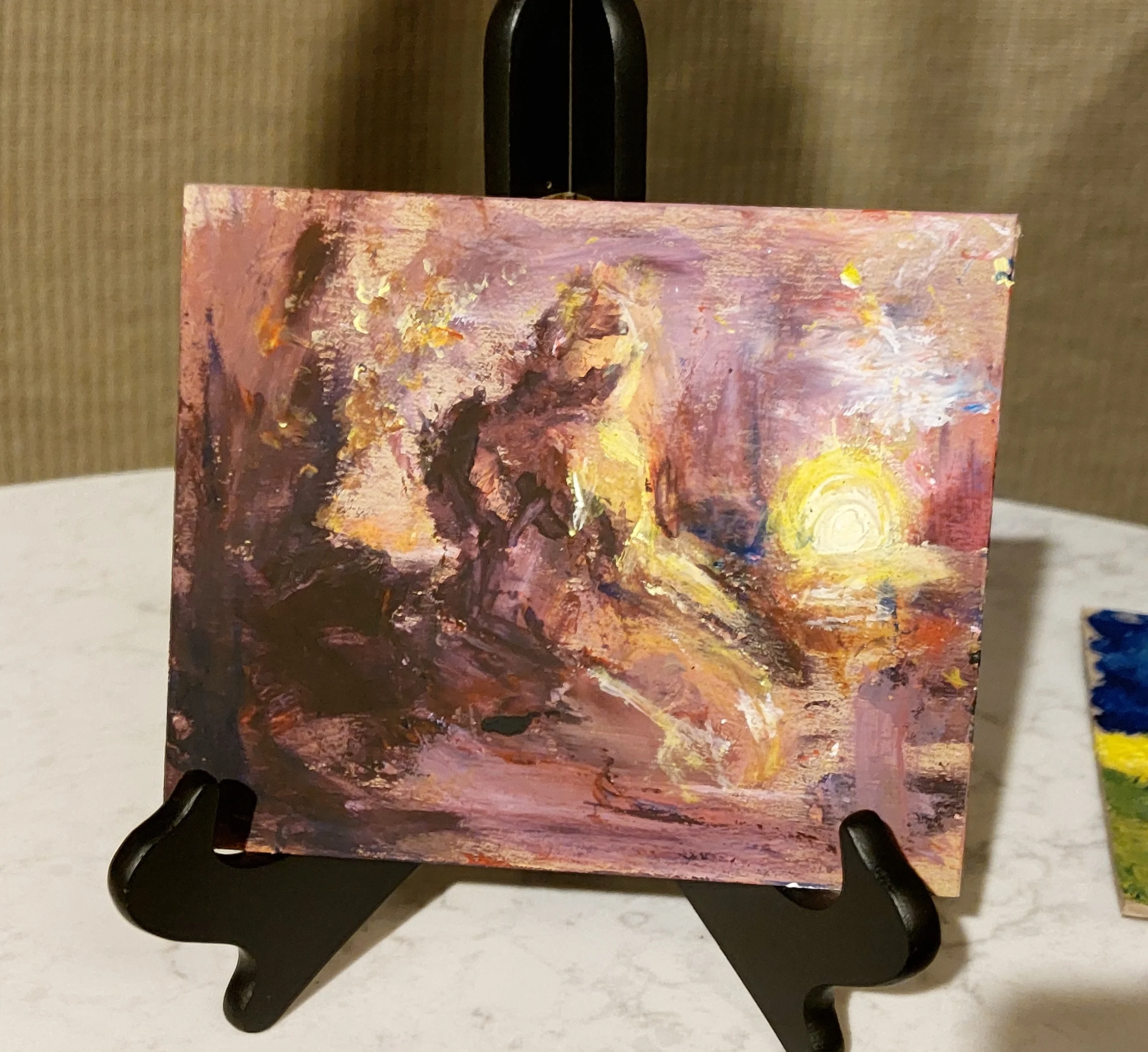 Expressive violet and gold painting with glowing sun and impressionist figure